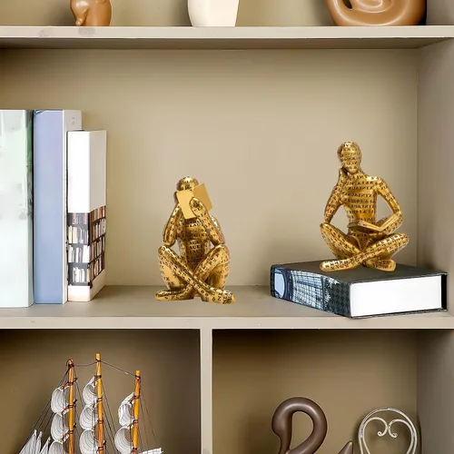 Miniatura 6 de Estatua de Pensador de Lectura Dorado Antiguo, Juego de 2 Decoración de Estantería Arte Abstracto Esculturas de Pensador, Figurilla Estética Moderna
