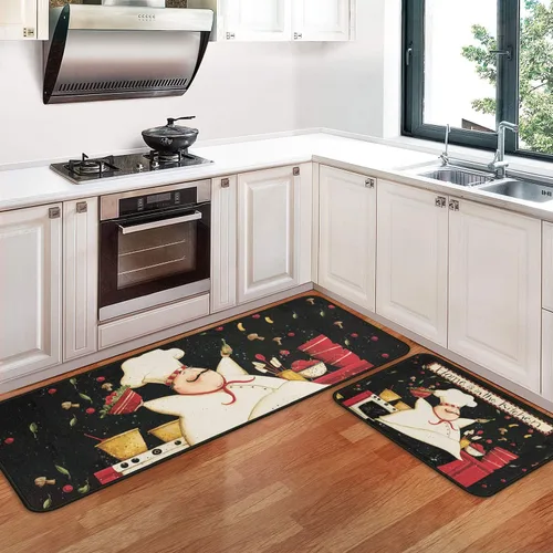 Miniatura 10 de Alfombras y esteras de cocina con tema de café (2 piezas), alfombra de cocina negra antideslizante lavable, suave, superabsorbente, juego