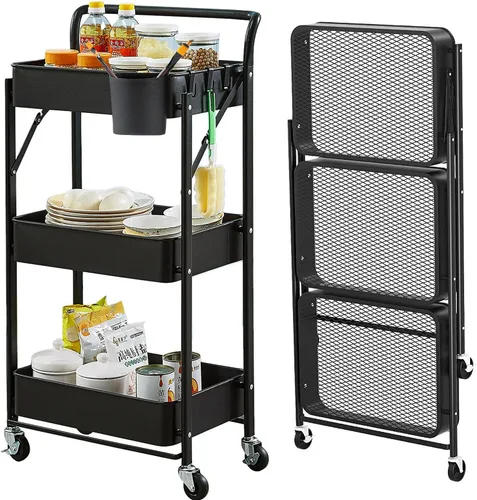 Carrito plegable con ruedas de 3 niveles, carrito de almacenamiento utilitario de metal resistente sin montaje, carritos de cocina plegables sobre