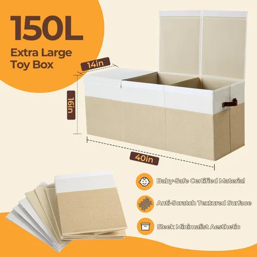 Miniatura 2 de Caja de juguetes extragrande, plegable y resistente de 150 litros con tapa, organizador de almacenamiento para niños de 40 x 14 x 16 pulgadas, baúl