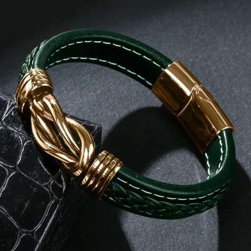 Miniatura 2 de Pulsera de cuero para hombre, pulsera de acero inoxidable, hebilla magnética para hombre