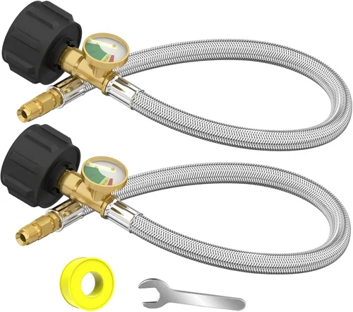 Mangueras de propano RV de 18 pulgadas con calibre, manguera de propano trenzada de acero inoxidable, manguera de propano para tanque de caravana,