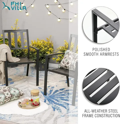 Miniatura 6 de PHI VILLA Juego de 2 sillas apilables de hierro forjado para patio, sillas de metal portátiles negras para exteriores, soporta 300 libras, ideal