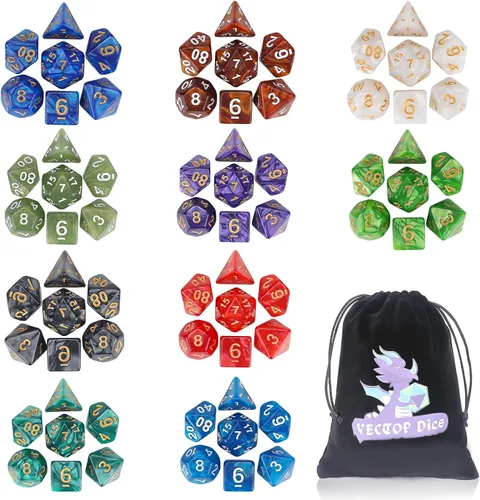 Coyeekn Juegos de Dados DND, 10 X 7 Juegos (70 Piezas) Dados Poliédricos para Dungeons and Dragons RPG MTG D&D Juego de Mesa con 1 Bolsa Grande D4