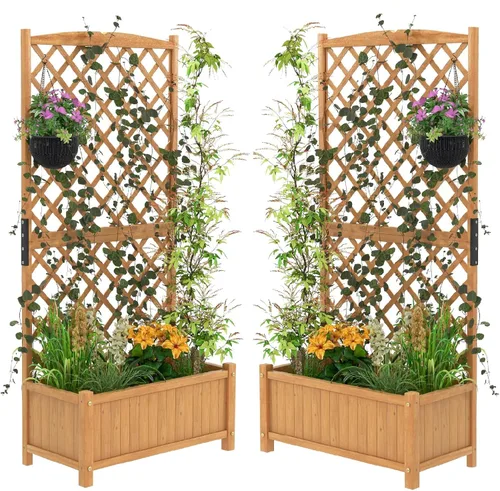 Miniatura 14 de S AFSTAR Cama de jardín elevada con enrejado, maceta elevada de madera con techo colgante y enrejado trepador, 4 agujeros de drenaje, contenedor