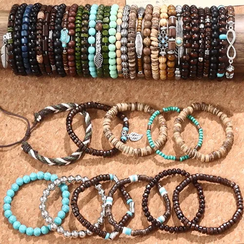 Miniatura 6 de Paquete de 43 piezas de pulseras de cuentas de madera para hombres, pulseras a granel, pulseras punk vintage ajustables góticas, set de pulseras