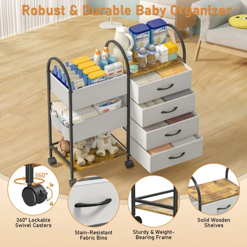 Miniatura 6 de Carrito organizador de pañales para bebés con ruedas, carrito de pañales rodante de 4 niveles con separadores y cajones, almacenamiento de guardería