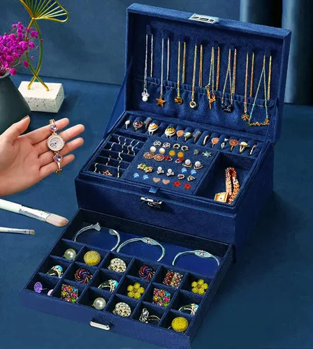 Miniatura 6 de Joyeros para mujer, organizador de joyas de terciopelo azul marino con cerradura, organizadores de joyas para adolescentes, organizador de joyas