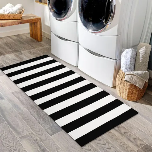 Miniatura 4 de IOHOUZE Alfombra a Rayas Blanco y Negro - 2x4.3 Tapetes para Puerta Delantera Exterior, Alfombra Lavable para Decoración de Porche Delantero, negro