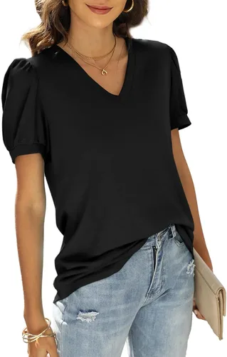 Miniatura 3 de WIHOLL - Blusas de verano para mujer, con cuello en V y mangas abullonadas, camisetas de moda casual