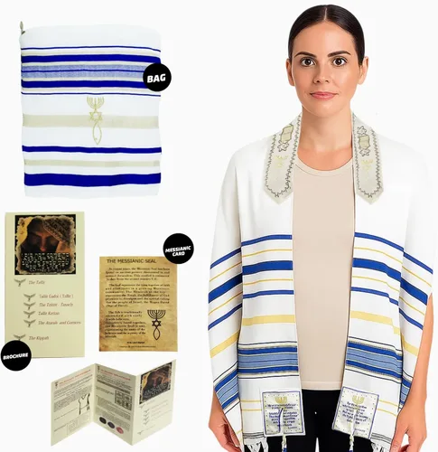 Miniatura 8 de Holy Land Market Mantón mesiánico de oración Tallit azul reydorado con bolsa, tarjeta y folleto a juego de Israel