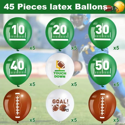 Miniatura 2 de Censen 45 globos de fútbol de 12 pulgadas, globos deportivos de látex para fiestas de fútbol, globos de retocar blanco, verde, marrón