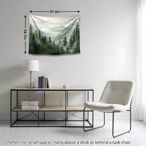 Miniatura 5 de QGHOT Tapiz de bosque brumoso, tapiz de montaña natural para colgar en la pared, paisaje de acuarela verde salvia, arte de pared para dormitorio