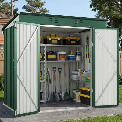 Miniatura 20 de Gizoon Cobertizo de almacenamiento para exteriores de 8 x 6 pies, cobertizo de jardín de metal galvanizado con puertas dobles con cerradura, Marrón