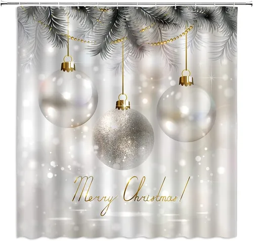 Miniatura 15 de AMFD Cortina de ducha de Feliz Navidad, bolas de Navidad azules, fantasía, vacaciones de invierno, feliz año nuevo, blanco, juego de decoración