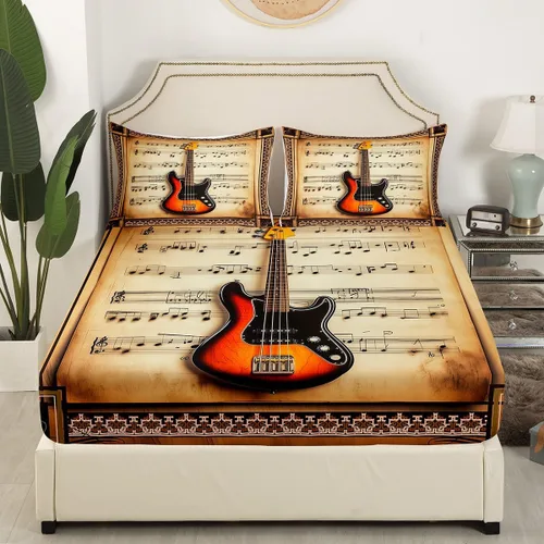Miniatura 3 de Castle Fairy Juego de sábanas con estampado musical rústico, tamaño individual, juego de sábanas con estampado de instrumentos de guitarra y bajo