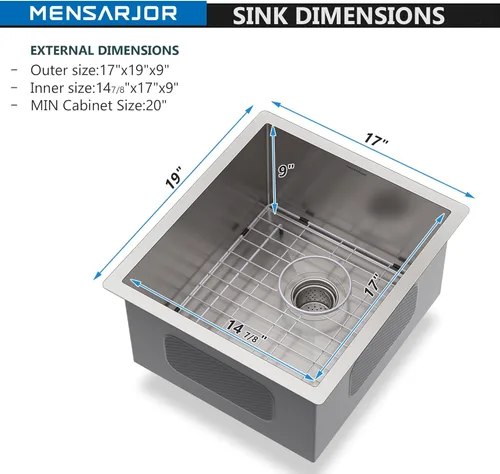 Miniatura 2 de MENSARJOR Fregadero de cocina de montaje inferior, fregadero de barra de acero inoxidable 304 de alta calidad, fregadero de un solo tazón