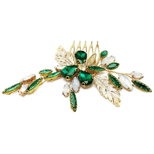 Miniatura 5 de Peine lateral verde nupcial con hojas de cristal para boda, accesorios pequeños para mujeres y niñas, fiesta (verde esmeralda)