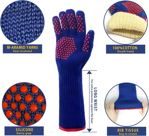 Miniatura 2 de MIG4U Guantes de parrilla para barbacoa, guantes de horno de 500 grados, resistentes al calor, con puntos de silicona antideslizantes de grado Azul