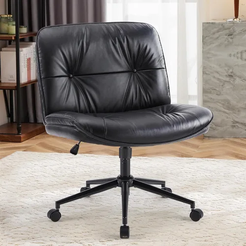 Miniatura 9 de OLIXIS Silla Criss Cross con Ruedas Sin Brazos Ancha de Patas Cruzadas Silla de Escritorio de Oficina de Tocador con Cómoda Piel Sintética PU