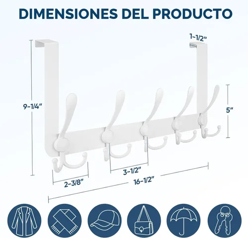 Miniatura 2 de TICONN - Perchero metálico resistente con 5 ganchos para colgar en puertas, ganchos para baños, habitaciones y dormitorios
