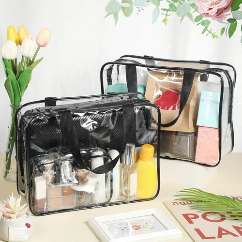 Miniatura 5 de Reginary Paquete de 10 bolsas grandes transparentes de maquillaje cosmético con cremallera y asa, bolsa de viaje de plástico de PVC, organizador