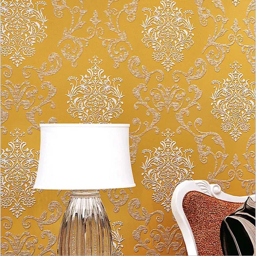 QIHANG Color no tejido 1.7 ft*32.8 ft=5.3㎡ del oro del rollo del papel pintado del polvo de la perla del damasco del estilo europeo 3D
