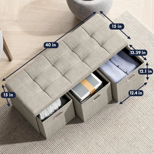 Miniatura 2 de Ornavo Home Otomana de Almacenamiento con 3 Cajones, 40 Pulgadas de Largo, Plegable, Acolchada, de Lino, Banco Otomana Grande con Almacenamiento