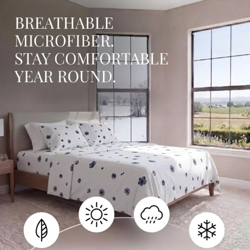 Miniatura 3 de Merit Linens Sábanas transpirables con estampado floral de estilo hotel Juego de 4 piezas con bolsillo profundo Sábanas ligeras y acogedoras