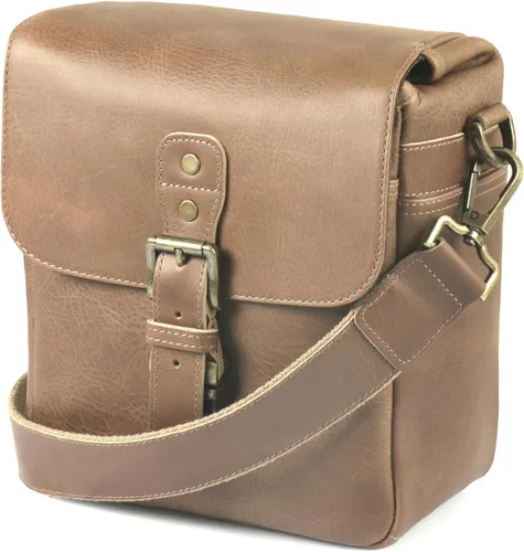 Miniatura 16 de Bolso bandolera para cámara de piel auténtica MegaGear, para cámaras mirrorless, dispositivo electrónico portátil Marrón