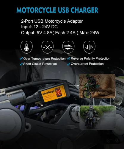 Miniatura 2 de Cargador USB para motocicleta, adaptador Mroinge 4.8A SAE a USB con voltímetro y amperímetro, enchufe de desconexión rápida con cargador USB doble