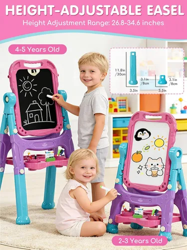 Miniatura 2 de Lehoo Castle Caballete para niños, caballete de arte para niños 4 en 1 de doble cara con pizarra blanca magnética y pizarra de tiza, caballete