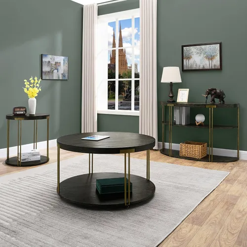 Miniatura 8 de Biaco Mesa consola moderna negra para entrada, mesa de pared industrial de media luna de 3 niveles, mesa de entrada de madera con acento de medio
