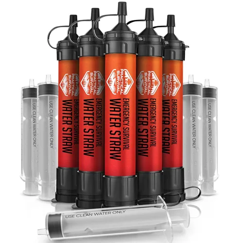 5 popotes de agua de emergencia de alta capacidad, ligeros, reutilizables, filtros de 1800 galones para camping, senderismo, viajes, ciclismo,
