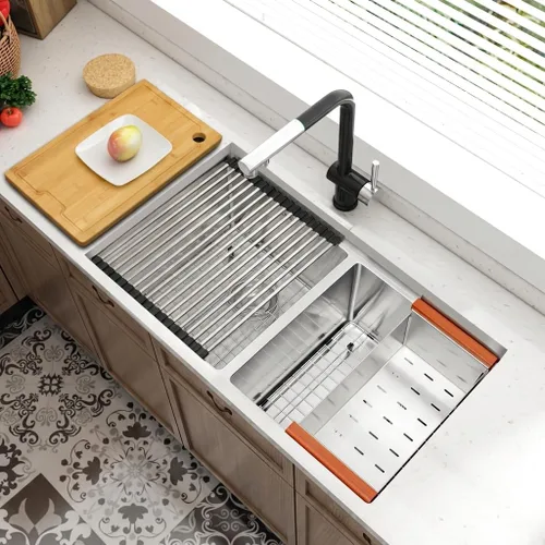 Miniatura 9 de LQS Fregadero de cocina de doble tazón para muchas ollas y sartenes, fregaderos de cocina de acero inoxidable para montaje bajo y caída