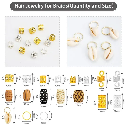 Miniatura 3 de 133 piezas de joyas para el cabello para trenzas, puños dorados para rastas de cabello, anillos de rastas, accesorios de rastas de imitación
