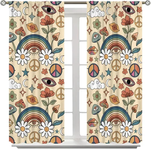 Miniatura 19 de Cortinas semitraslúcidas de hongos, estilo bohemio, plantas místicas, sol, luna, tratamiento de ventana para dormitorio, sala de estar, cocina