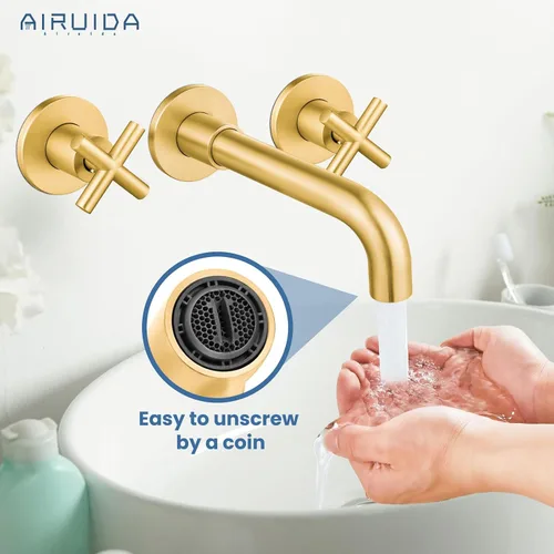 Miniatura 8 de Airuida Grifo de baño de latón macizo con boquilla giratoria 360 para lavabo montado en la pared, grifo mezclador de lavabo con válvula áspera y Oro