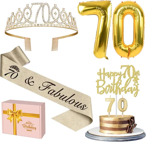 Decoraciones doradas de 70 cumpleaños para mujer con banda y tiara de cumpleaños 70, adorno para pastel y velas, globos de números, regalos de 70