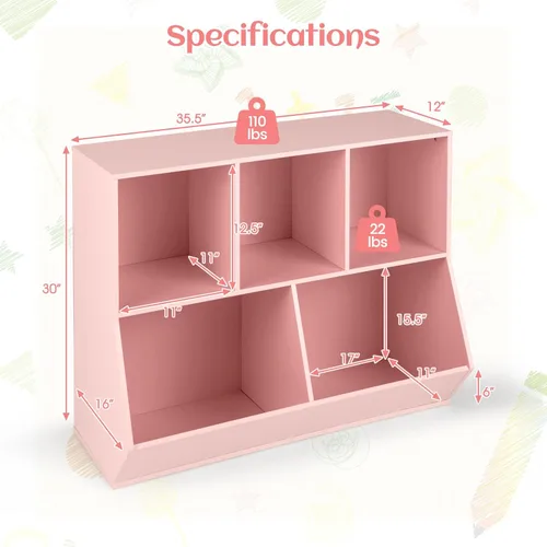 Miniatura 3 de Costzon Organizadores de juguetes y almacenamiento con estantería, estante de madera para libros infantiles de 5 cubículos, gabinete de Rosado