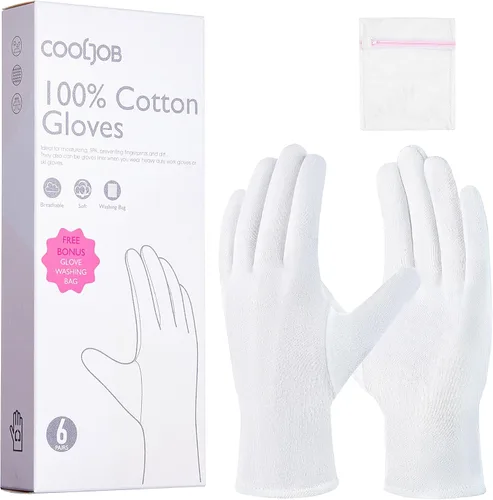 COOLJOB Guantes 100% Algodón, 6 Pares de Guantes de Algodón Blanco para Manos Secas Hidratantes y Eccema, Loción Nocturna, Tratamiento de Sueño y