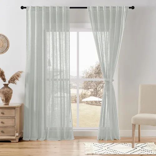 Miniatura 27 de DWCN Cortinas traslúcidas de lino floral, bolsillo para barra y pestaña trasera, cortina de mezcla de lino para dormitorio, sala de estar, cortinas