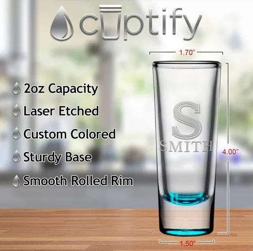 Miniatura 2 de Vaso de chupito personalizado con fondo verde azulado personalizado de 2 oz, vasos de chupito cordial con inicial en script dividido y nombre