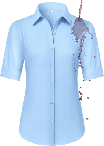 Miniatura 26 de Camisas con botones para mujer, ajustadas, de manga corta, con cuello, sin arrugas