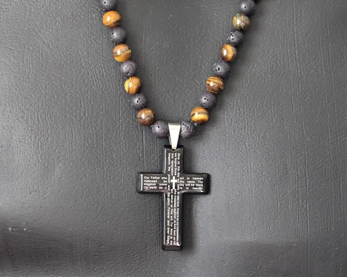 Miniatura 3 de Cross Necklace & Natural Tiger Eye Black Lava Gemstone Protection Beaded Long Macrame Adjustable Necklace Gift For Men's Christmas Gift