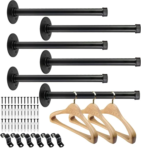 Miniatura 8 de Pintuson 6 piezas Barra de ropa de tubo industrial de 10 pulgadas - Perchero de ropa de montaje en pared - Barras de armario de cara hacia afuera
