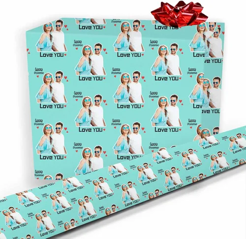 Miniatura 15 de Artsadd Papel de regalo personalizado con texto con imagen para aniversario, día de San Valentín, papel de regalo con foto personalizada con corazón