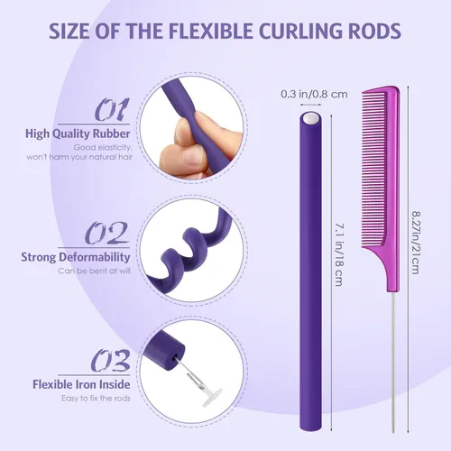 Miniatura 2 de WILLBOND 60 varillas rizadoras flexibles, rodillos flexibles, sin calor, para cabello largo y corto para mujeres (0.3 x 7 pulgadas, morado)