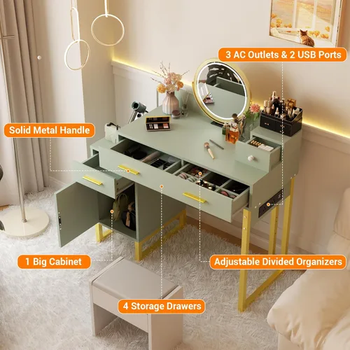 Miniatura 5 de Mesa de tocador con 4 cajones de almacenamiento - Mesa de tocador de maquillaje moderna con estación de carga, mesa de tocador cian con gabinete