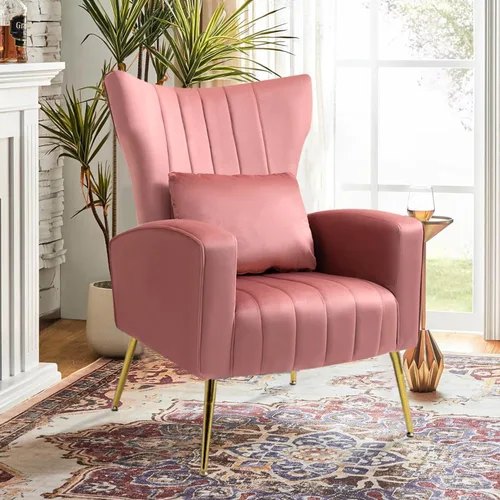 Miniatura 26 de Sillas decorativas de terciopelo con respaldo de ala y almohada lumbar, sillón moderno para sala de estar, dormitorio, silla auxiliar de recepción